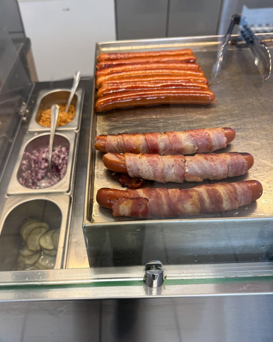 Icelandic hot dogs cooking at an N1 gas station