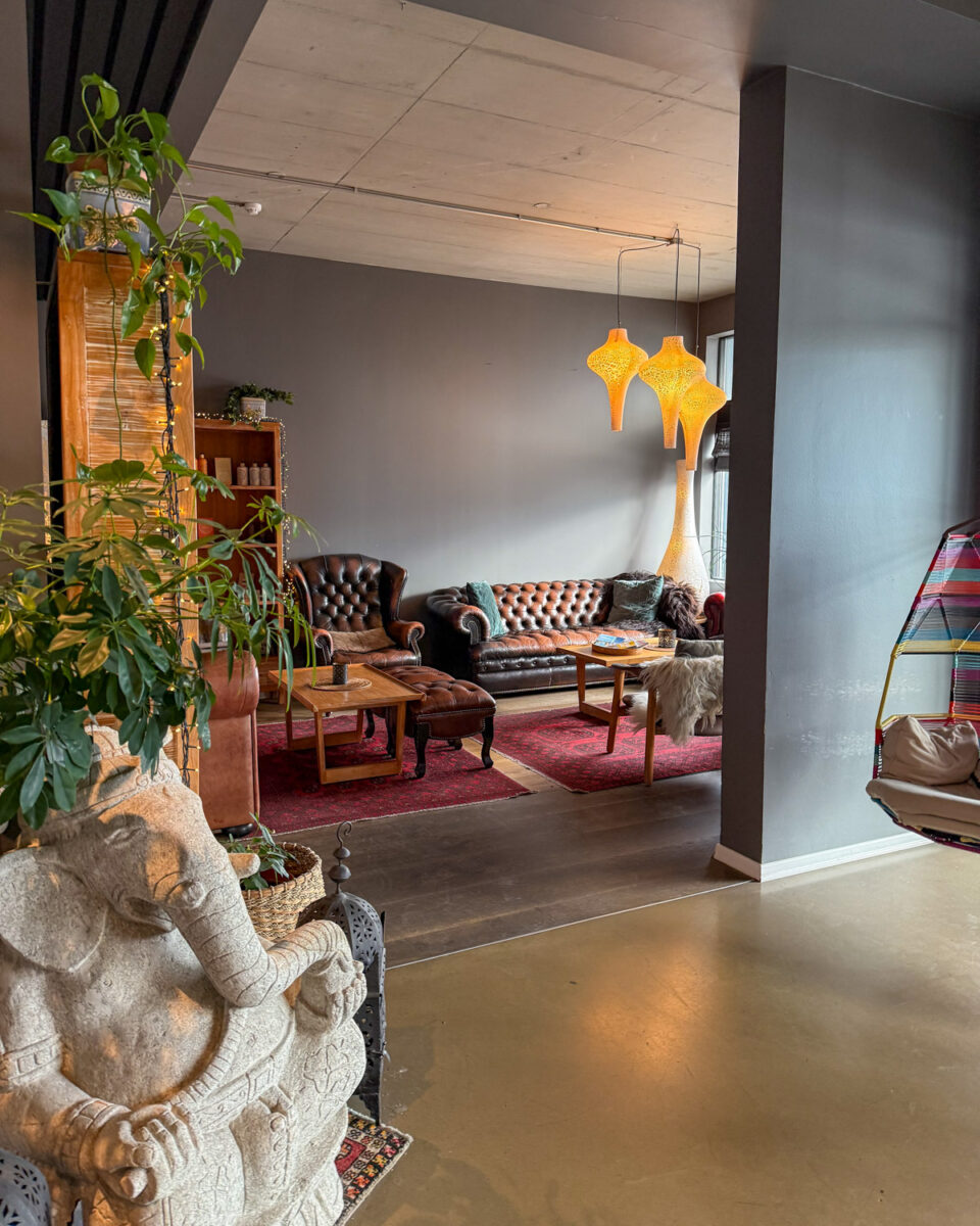 A sitting room off the Hotel Eyja lobby