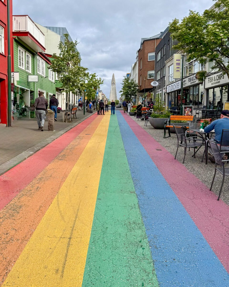 Rainbow Road in Reykjavik with Hallgrimskirkja in the background