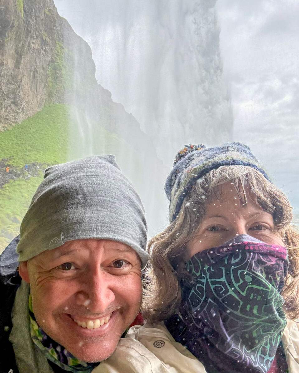 Pete and me behind Seljalandsfoss, where it was very cold